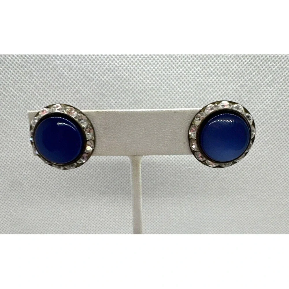 Vintage Blue‎ Rhinestone Round Silver Tone Screw Back Earrings 1960s Retro